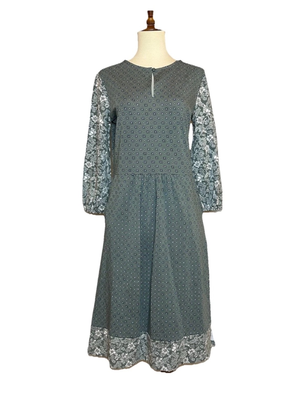 Lands' End Size 2/4 Mixed Print Floral Midi Dress Sage Green 3/4 Sleeve EXC